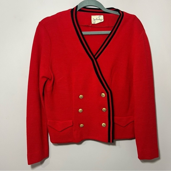 Vintage red double breasted knit cardigan wool sweater Medium preppy military - Picture 5 of 11